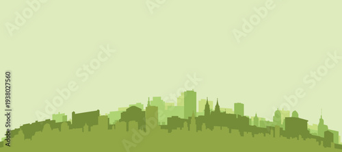 Green panoramic poster of the city skyline with solid background buildings on a hilly terrain of BASEL, SWITZERLAND