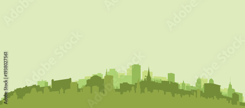 Green panoramic poster of the city skyline with solid background buildings on a hilly terrain of ZURICH, SWITZERLAND