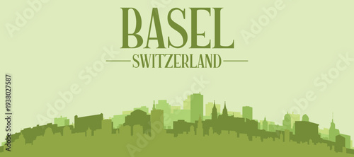 Green panoramic poster of the city skyline with solid background buildings on a hilly terrain of BASEL, SWITZERLAND