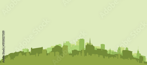 Green panoramic poster of the city skyline with solid background buildings on a hilly terrain of GENEVA, SWITZERLAND