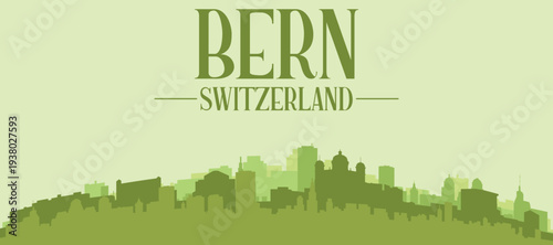 Green panoramic poster of the city skyline with solid background buildings on a hilly terrain of BERN, SWITZERLAND