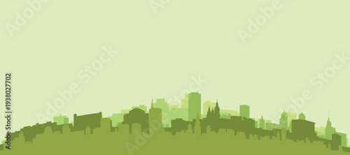 Green panoramic poster of the city skyline with solid background buildings on a hilly terrain of ZARAGOZA, SPAIN