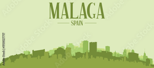 Green panoramic poster of the city skyline with solid background buildings on a hilly terrain of MALAGA, SPAIN