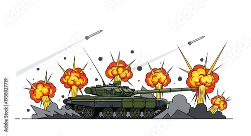 Military Tank Under Heavy Attack.