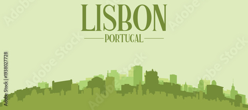 Green panoramic poster of the city skyline with solid background buildings on a hilly terrain of LISBON, PORTUGAL