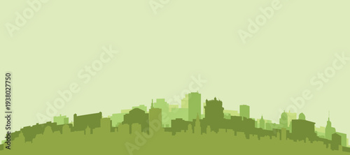 Green panoramic poster of the city skyline with solid background buildings on a hilly terrain of LISBON, PORTUGAL
