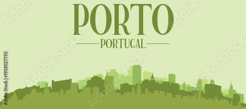 Green panoramic poster of the city skyline with solid background buildings on a hilly terrain of PORTO, PORTUGAL
