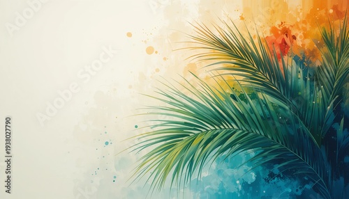 A vibrant palm tree illustration with colorful watercolor background for Easter or Palm Sunday celebration