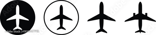 Airplane icon silhouettes collection, aircraft symbols inside circle and top view jet shapes, aviation travel vector illustration set