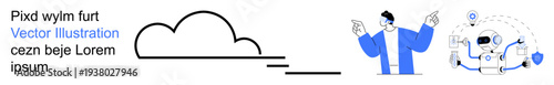 Cloud computing, AI development, data storage, network integration, digital connectivity, technology innovation. Abstract cloud icon and person interacting with AI. Cloud computing and AI development
