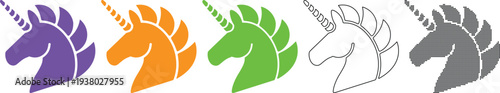 Set of colorful unicorn head logos in different styles isolated on transparent background