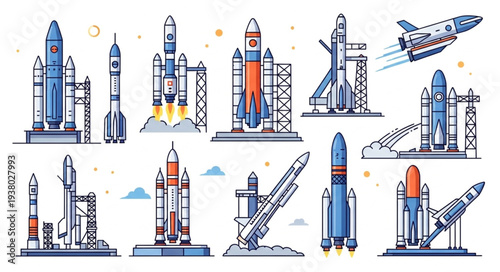Collection of Space Rockets and Launch Pads.