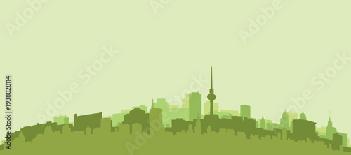 Green panoramic poster of the city skyline with solid background buildings on a hilly terrain of BERLIN, GERMANY