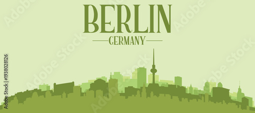 Green panoramic poster of the city skyline with solid background buildings on a hilly terrain of BERLIN, GERMANY