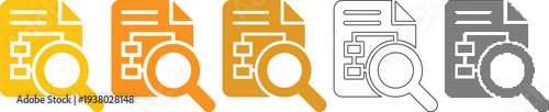 Set of magnifying glass icon over document file graphic symbol for search information or data