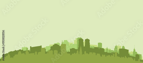 Green panoramic poster of the city skyline with solid background buildings on a hilly terrain of MUNICH, GERMANY