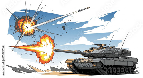 Military Tank Firing Missiles Illustration.
