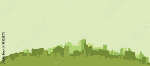 Green panoramic poster of the city skyline with solid background buildings on a hilly terrain of FRANKFURT, GERMANY