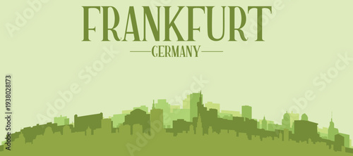 Green panoramic poster of the city skyline with solid background buildings on a hilly terrain of FRANKFURT, GERMANY