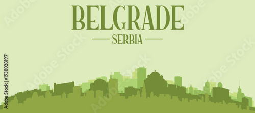 Green panoramic poster of the city skyline with solid background buildings on a hilly terrain of BELGRADE, SERBIA
