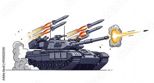 Military Tank Firing Multiple Cannons.
