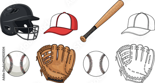 Baseball Equipment Set Including Helmet Bat Cap Ball and Glove Isolated on White Background Sports Vector Illustration