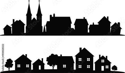 Urban town silhouette, church steeples, suburban houses, rural neighborhood, trees, residential skyline, architectural contrast, community living, cultural heritage, landscape art