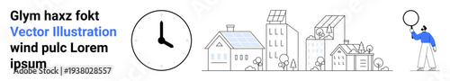 Clock, eco-friendly buildings with solar panels, person holding balloon. Ideal for sustainability, time management, clean energy, urban design, creativity, technology simple landing page