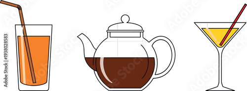 Beverage drinks set with juice glass teapot with tea and cocktail martini glass simple outline vector illustration