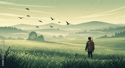 Man with backpack standing in green field looking at flying birds with mountains in background at sunrise