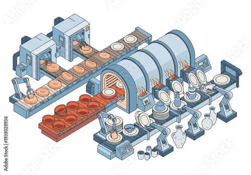 An automated pottery factory Conveyor belts ovens and robotic arms shape and decorate ceramic items like plates and vases