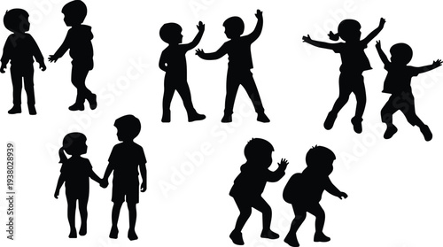 Children playing silhouettes collection, happy kids friendship activities, playful child interaction poses, childhood fun vector illustration icon set isolated