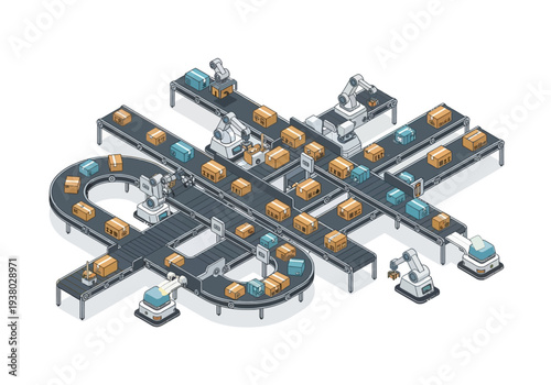 An automated warehouse with conveyor belts robots sorting boxes
