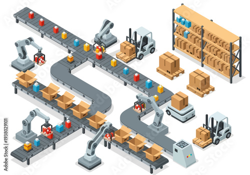 An isometric factory layout depicts conveyor belts boxes robots forklifts warehouse shelves and colored packages