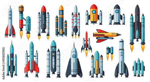 Collection of colorful cartoon rockets and spaceships for space exploration.