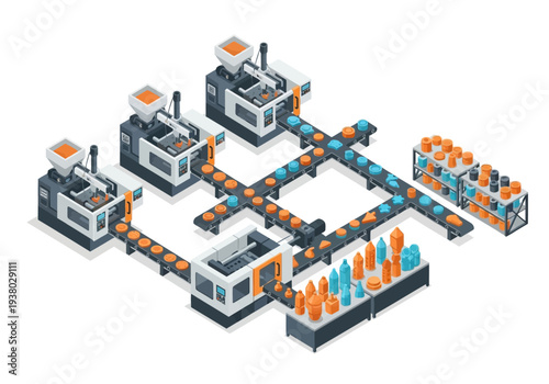 An industrial production line with machines conveyor belts and products