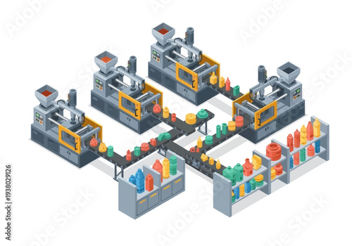 An isometric illustration depicts an automated plastic bottle production line with machines conveyors and shelves with finished products