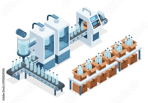An isometric view of a bottlefilling factory