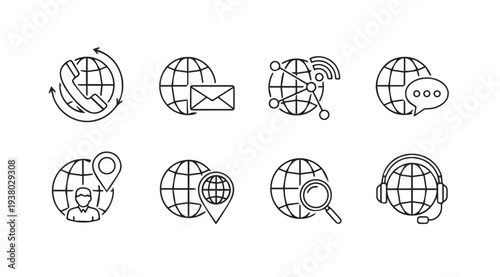 Global Communication Icons: Contact Network Location Search SupportStock Line Art
