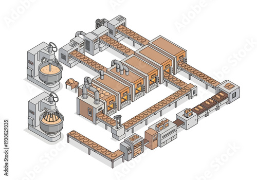 An isometric view of a breadmaking factory with mixers ovens conveyors and cooling systems