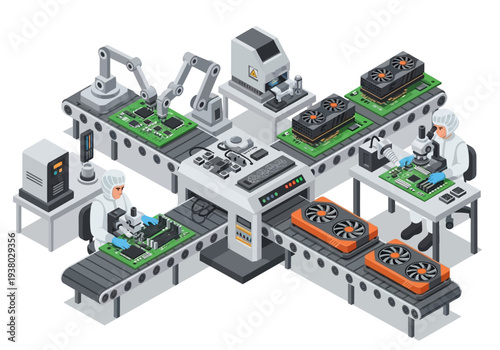 An isometric view of a circuit board manufacturing line