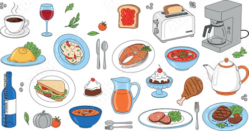 Breakfast and lunch food doodle set coffee toast sandwich soup cake tea kitchen appliances vector illustration