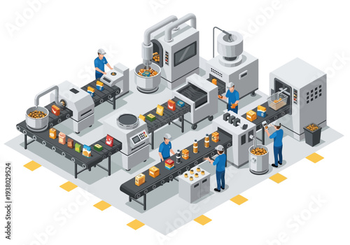 An isometric view of a food packaging factory floor with workers and machinery