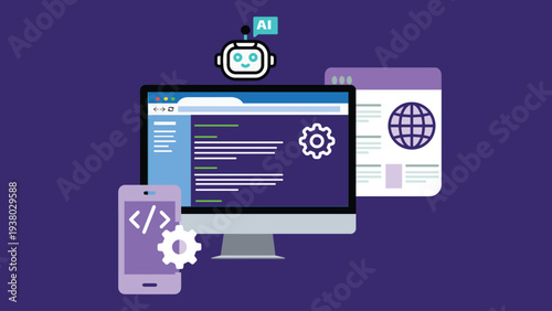 Source code, automation scripts, and end-to-end function modules for website and app development are programmatically generated by an AI assistant animation