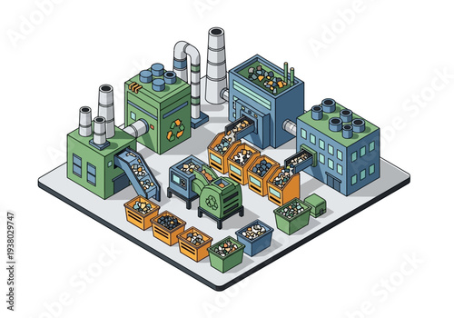 An isometric view of a recycling factory with buildings conveyor belts and bins