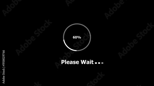 Please wait circle loads on the device screen with a bright icon animation. Please wait... Circular loading animation. Please wait loading process to 100% 4K animation on black background.