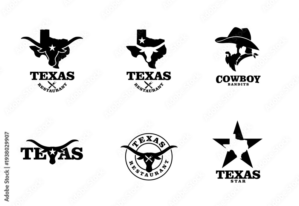 Fototapeta premium Texas Longhorn Cowboy Restaurant Logo Collection in Black and White Silhouette Design