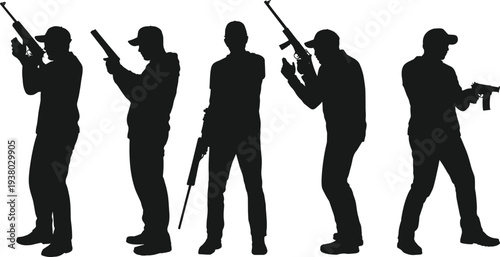 Armed police officer silhouettes set with rifle and pistol poses, tactical security forces vector illustration isolated on white