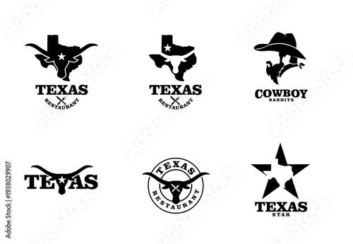 Texas Longhorn Cowboy Restaurant Logo Collection in Black and White Silhouette Design