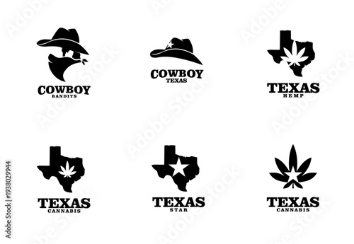 Vector Set of Texas Themed Logos with Cowboy Hats, Cannabis Leaves, and Stars